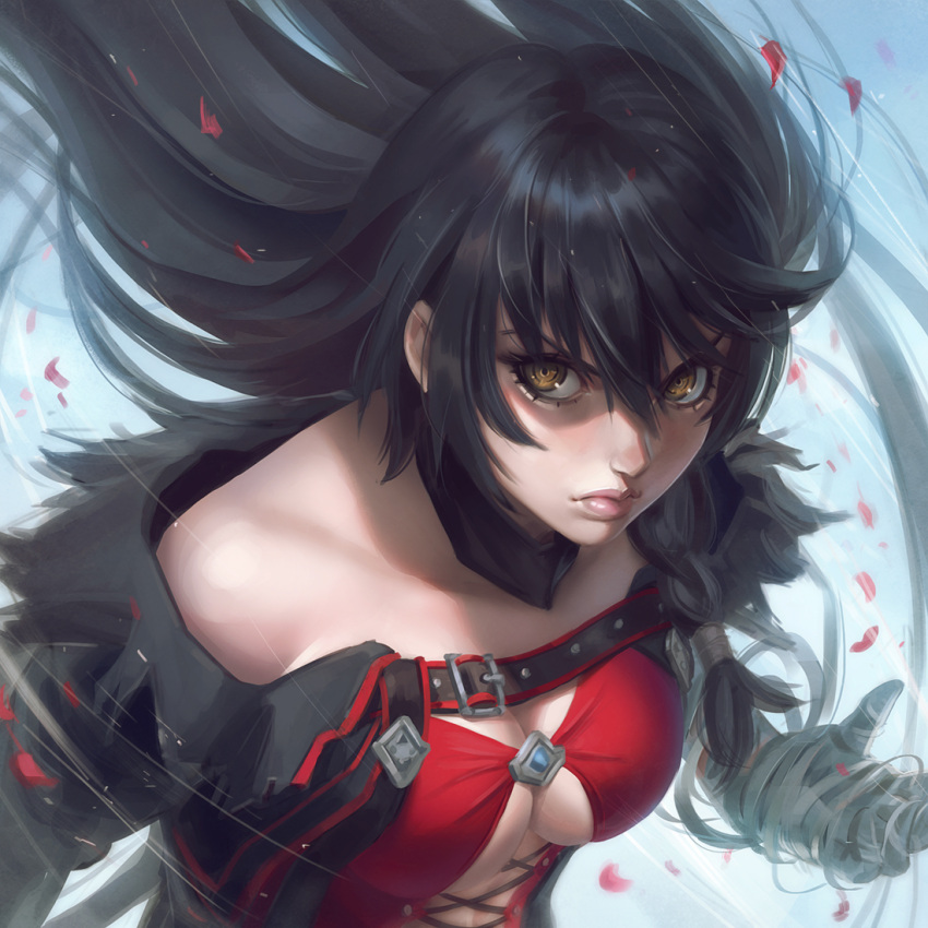 1girl bandaged_arm bandages bangs black_choker black_hair breasts choker cleavage collarbone hair_between_eyes lips long_hair looking_at_viewer medium_breasts rotisusu simple_background solo swept_bangs tales_of_(series) tales_of_berseria upper_body velvet_crowe very_long_hair white_background yellow_eyes