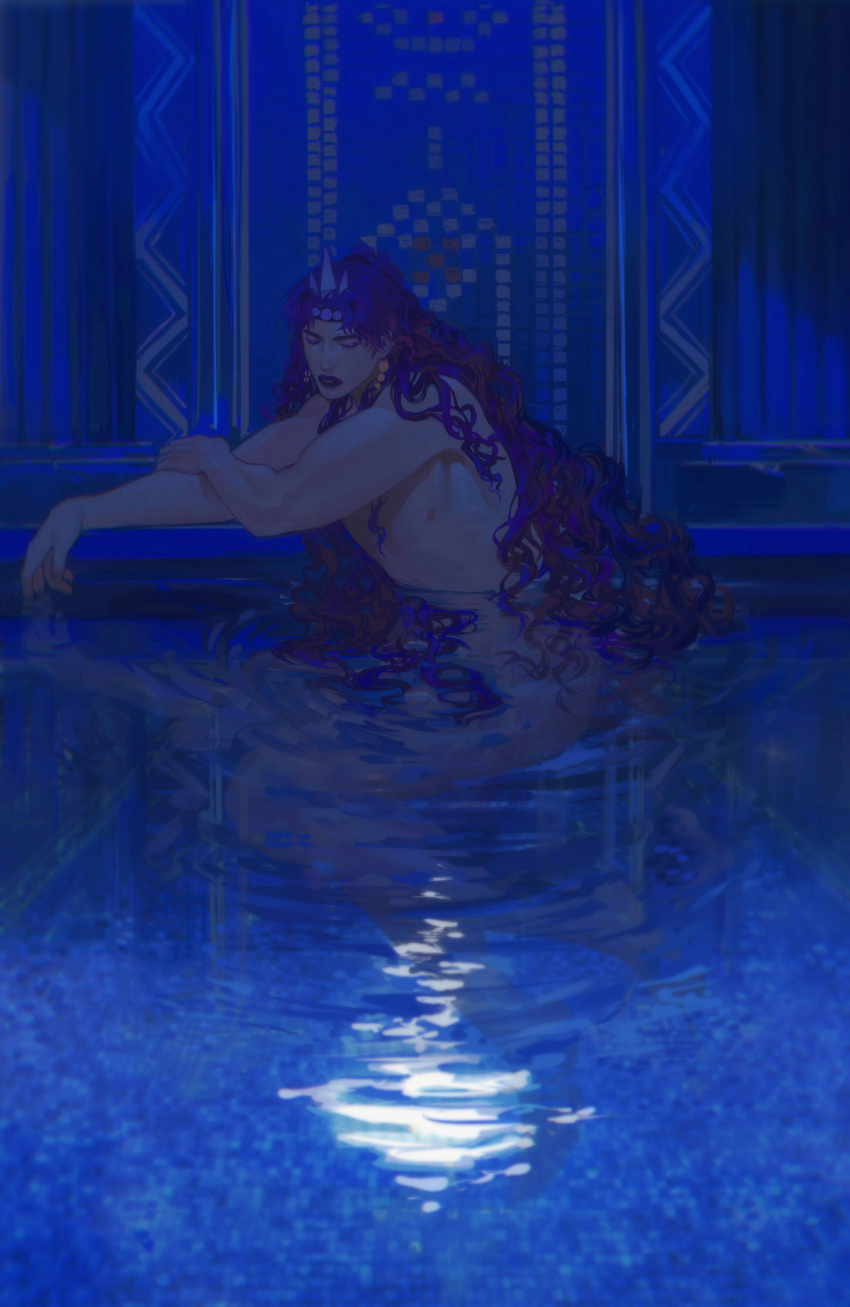 1boy absurdres battle_tendency closed_eyes earrings highres horns jewelry jojo_no_kimyou_na_bouken kars_(jojo) long_hair male_focus mosaic muscular muscular_male partially_submerged pool purple_hair purple_lips qi_hui solo topless_male wavy_hair