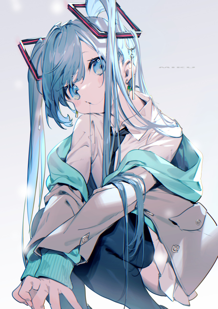 1girl bangs bare_shoulders blue_eyes blue_hair blue_neckwear blush bukurote character_name collared_shirt commentary earrings grey_background hair_ornament hatsune_miku highres jacket jewelry long_hair long_sleeves looking_at_viewer miniskirt necktie off_shoulder pleated_skirt shirt short_sleeves simple_background skirt sleeves_past_wrists smile solo spring_onion spring_onion_earrings squatting thighhighs twintails vocaloid white_shirt