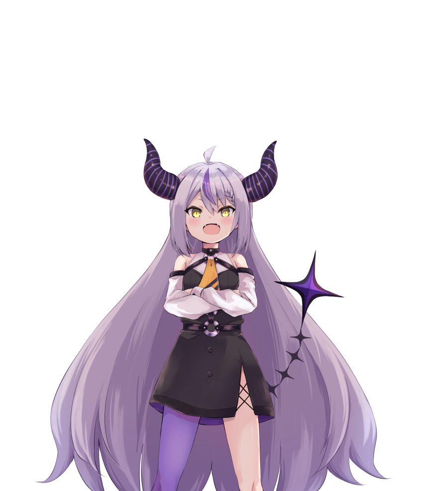 1girl :d absurdres ahoge amano_kouki bangs black_dress braid braided_bangs crossed_arms demon_horns detached_sleeves dress eyebrows_visible_through_hair fangs grey_hair hair_between_eyes highres hololive horns la+_darknesss long_hair long_sleeves looking_at_viewer multicolored_hair o-ring purple_hair purple_legwear simple_background single_thighhigh sleeveless sleeveless_dress smile solo streaked_hair thighhighs v-shaped_eyebrows very_long_hair virtual_youtuber white_background white_sleeves yellow_eyes