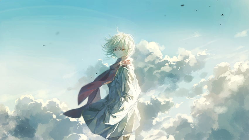 1girl :| bangs closed_mouth cloud commentary_request day eyes_visible_through_hair feet_out_of_frame hair_between_eyes hand_in_pocket looking_at_viewer looking_back mint5464 original red_scarf scarf serious short_hair sky solo standing sunlight white_hair yellow_eyes