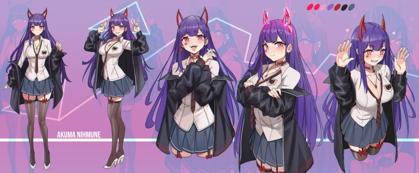 1girl absurdres akuma_nihmune bangs breasts choker collared_shirt color_guide cropped_legs crossed_arms ear_piercing eyebrows_visible_through_hair fangs garter_straps hands_up heart heart-shaped_pupils high_heels highres horns indie_virtual_youtuber jacket jewelry kiritzugu long_hair loose_necktie medium_breasts mole mole_under_eye multiple_views necklace necktie off_shoulder open_clothes open_jacket piercing pink_eyes pleated_skirt pout purple_hair second-party_source shirt skirt standing symbol-shaped_pupils thighhighs tongue tongue_out virtual_youtuber