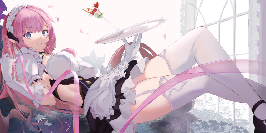 1girl apron bangs black_footwear blue_eyes breasts elbow_gloves elysia_(honkai_impact) food glass gloves grin highres holding holding_tray honkai_(series) honkai_impact_3rd ice_cream looking_at_viewer lying maid maid_apron maid_headdress on_back petals pink_hair pointy_ears reiruiki shoes smile solo teeth tray white_background white_gloves white_legwear window