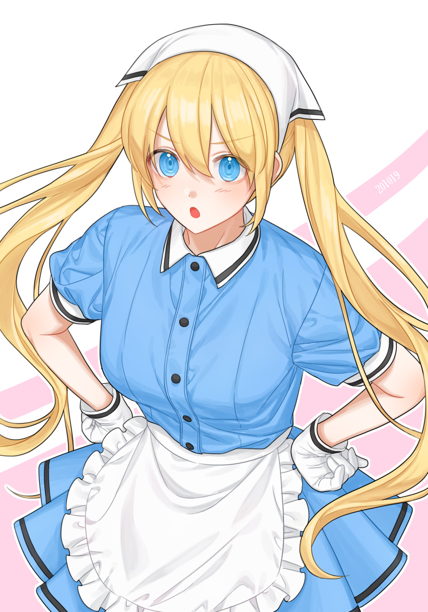 1girl :o angry aoao_re_rerure apron blend_s blonde_hair blue_dress blue_eyes blush breasts buttons collared_dress dress eyebrows_visible_through_hair frilled_apron frills gloves hair_between_eyes hands_on_hips head_scarf highres hinata_kaho long_hair medium_breasts pleated_dress short_dress short_sleeves solo stile_uniform tsundere twintails uniform very_long_hair waist_apron waitress white_apron white_gloves white_headwear