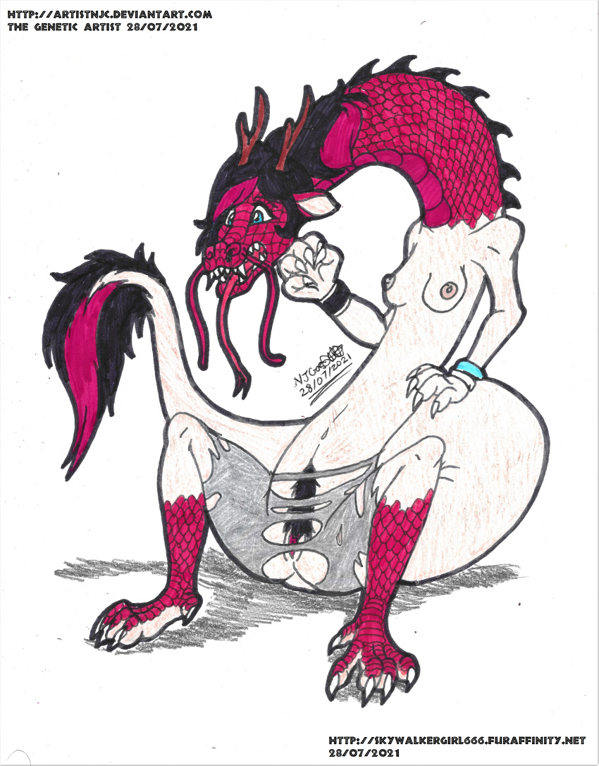 absurd_res antlers artistnjc asian_mythology black_body black_fur blue_eyes breasts claws clothing dragon east_asian_mythology eastern_dragon elongated_torso female feral fur genitals hair_strip hi_res horn human_to_feral long_tongue mid-tf mythological_creature mythology nipples nude pubes pussy redshift_(reddrawsstuff) reptile scales scalie skywalkergirl666 solo species_transformation tongue torn_clothing transformation whiskers