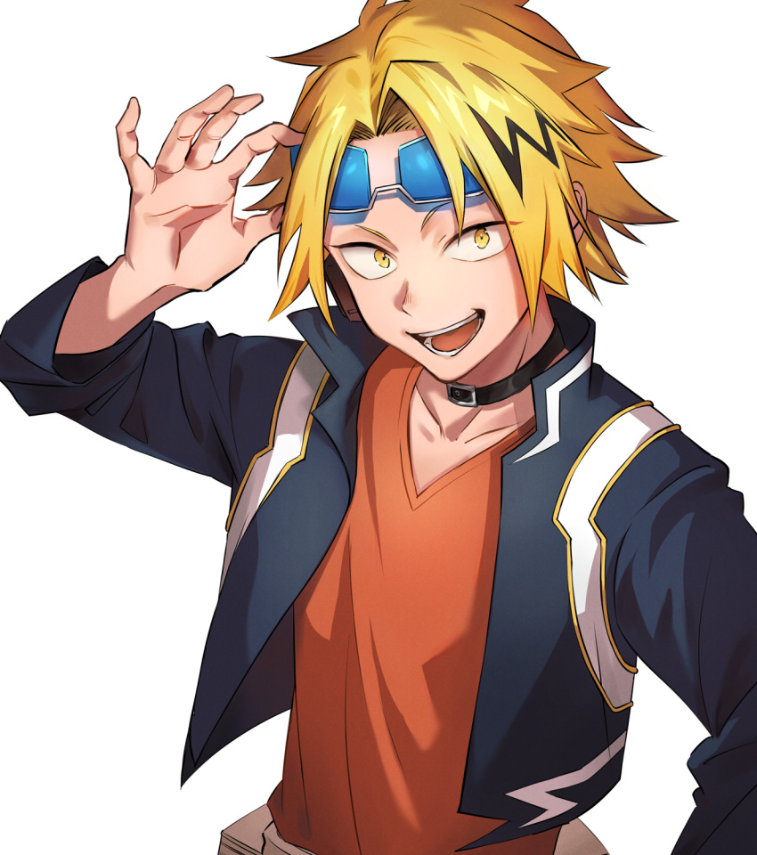 1boy :d bangs belt black_hair black_jacket blonde_hair boku_no_hero_academia boots buckle choker costume eyewear_lift hand_on_eyewear high_collar highres jacket kaminari_denki lightning_bolt_print lightning_bolt_symbol long_bangs male_focus multicolored_hair open_mouth orange_shirt parted_bangs shirt short_hair simple_background smile solo tamayai tinted_eyewear upper_body white_background yellow_eyes