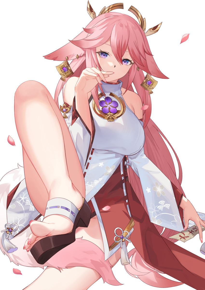 1girl 446784331 absurdres animal_ears bare_legs bare_shoulders breasts cherry_blossoms commentary_request covering_mouth cowboy_shot detached_sleeves earrings fingernails foreshortening fox fox_ears fox_tail genshin_impact hair_between_eyes highres japanese_clothes jewelry large_breasts leaning_back legs long_hair looking_at_viewer low-tied_long_hair miko nail_polish ofuda petals pink_hair pink_nails pink_tail priestess purple_eyes ribbon_trim sandals simple_background sitting solo tail tassel toenail_polish toenails toes vision_(genshin_impact) white_background wide_sleeves yae_(genshin_impact)