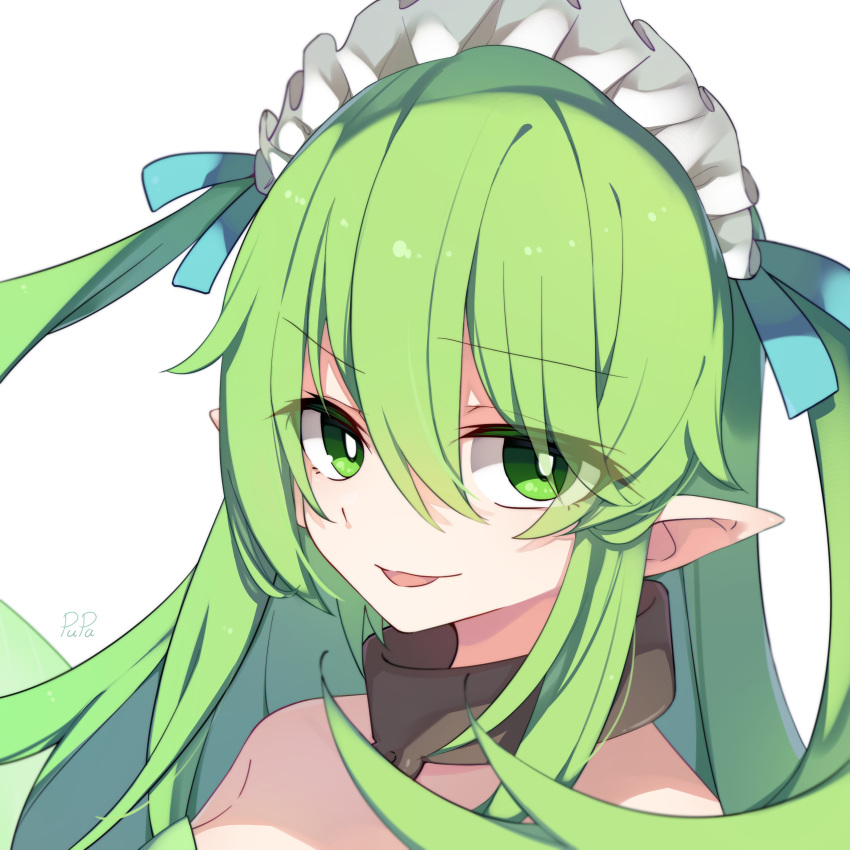 1girl absurdres artist_name bangs black_souls bright_pupils chinese_commentary eyebrows_visible_through_hair eyes_visible_through_hair fairy fairy_wings green_eyes green_wings hair_between_eyes highres leaf_(black_souls) light_green_hair long_hair maid_headdress pointy_ears portrait pupa_jiang simple_background solo two_side_up white_background white_pupils wings