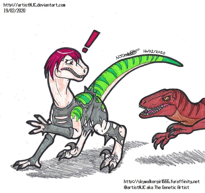 all_fours artistnjc bad_end bent_over brown_body brown_skin brown_stripes claws clothing dino_crisis dinosaur dromaeosaurid duo exclamation_point female feral forced forced_transformation green_body green_skin green_stripes hair human human_to_feral male mammal markings purple_hair raised_tail regina_(dino_crisis) reptile scalie scared sharp_teeth signature skywalkergirl666 species_transformation striped_markings stripes teeth theropod torn_clothing traditional_media_(artwork) transformation velociraptor yellow_eyes