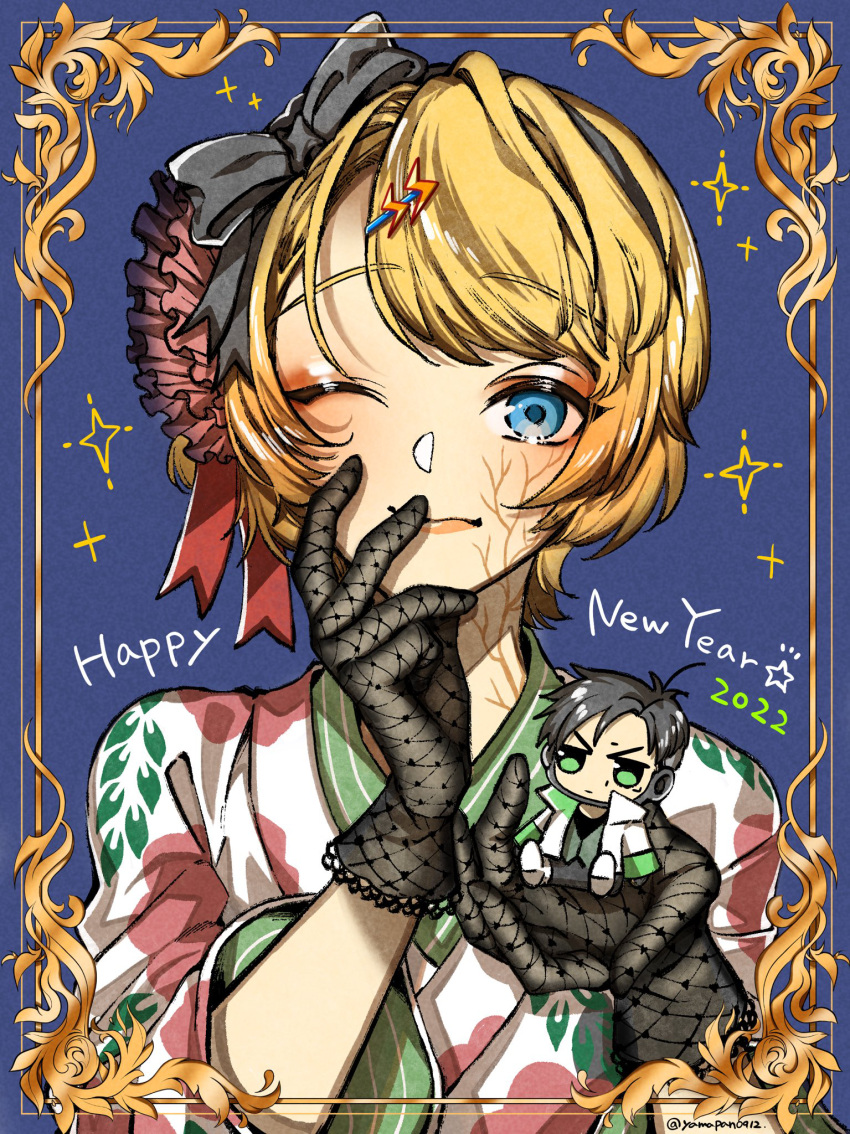 1girl 2022 alternate_costume apex_legends black_bow black_gloves blonde_hair blue_background blue_eyes bow crypto_(apex_legends) doll eyebrows_visible_through_hair gloves hair_bow happy_new_year highres holding holding_doll japanese_clothes kimono mozuwaka new_year one_eye_closed portrait short_hair smile solo sparkle twitter_username wattson_(apex_legends) white_kimono