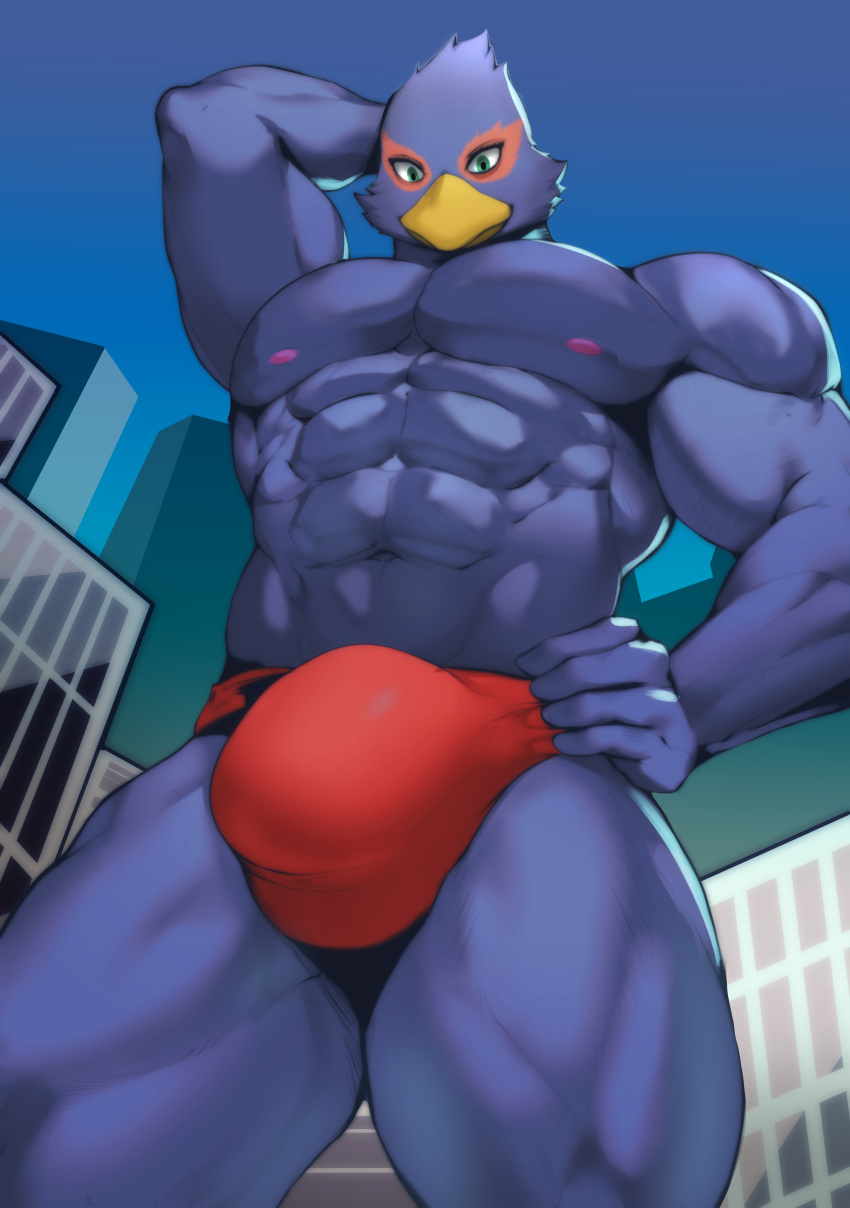 absurd_res anthro avian bird blue_body bulge city clothing falco_lombardi hi_res looking_down looming low-angle_view macro male muscular muscular_male n-art nintendo solo speedo star_fox swimwear video_games