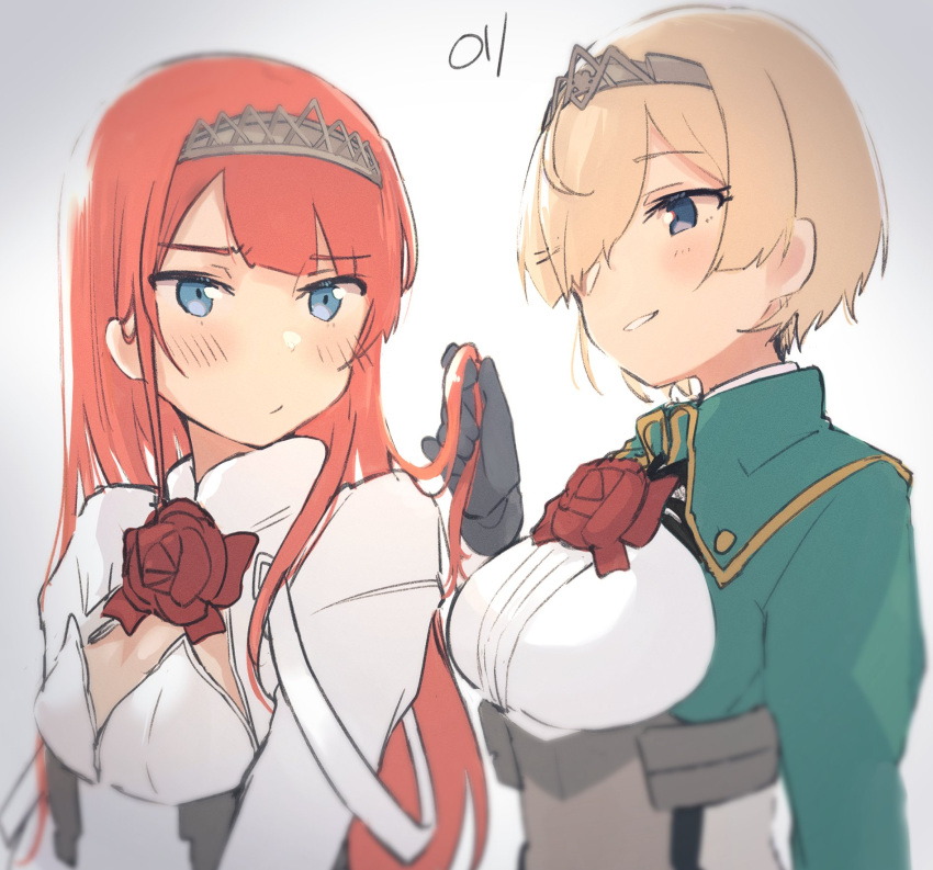 2girls alternate_hair_length alternate_hairstyle ark_royal_(kancolle) black_gloves blonde_hair blue_eyes blush closed_mouth flower gloves hairband hairstyle_switch highres jacket kantai_collection long_hair long_sleeves ma_rukan military military_uniform multiple_girls open_mouth red_flower red_hair red_ribbon red_rose ribbon rose short_hair signature smile tiara uniform upper_body victorious_(kancolle) white_jacket