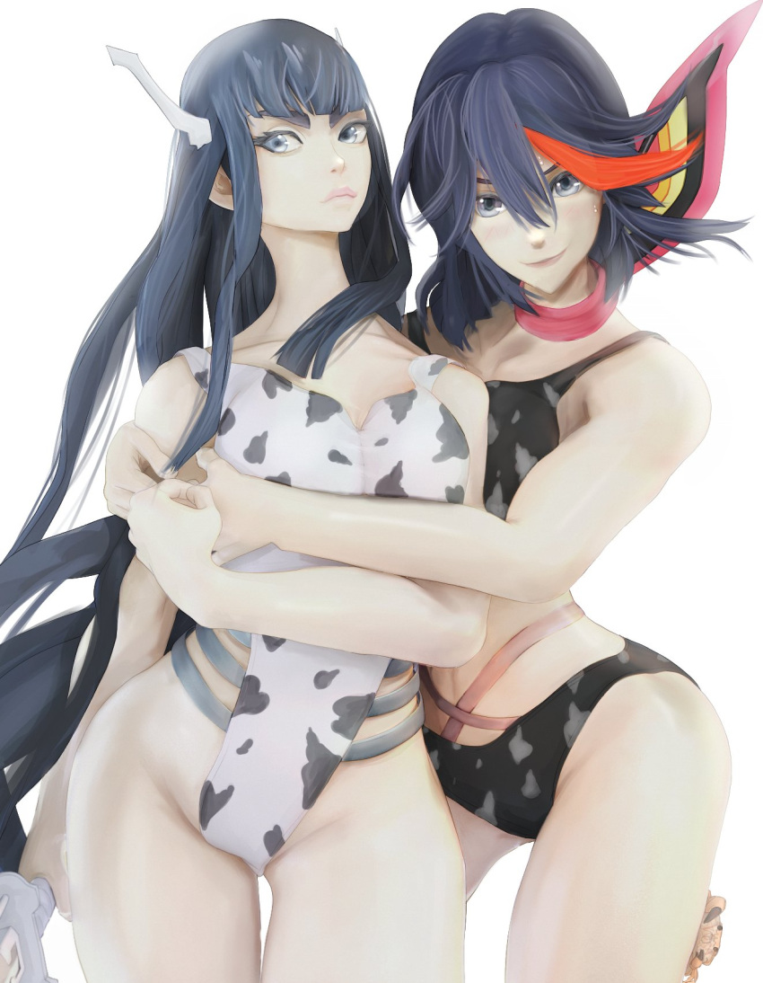 2girls animal_print bikini black_hair black_swimsuit blue_eyes breasts cow_print english_commentary highres holding_hands horns kill_la_kill kiryuuin_satsuki large_breasts long_hair matoi_ryuuko medium_breasts medium_hair multicolored_hair multiple_girls one-piece_swimsuit red_hair senketsu senketsu_(scarf) siblings sisters stormyorha streaked_hair swimsuit white_background white_horns white_swimsuit