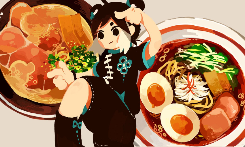 1girl :3 aqua_ribbon bangs black_eyes black_footwear black_hair black_shirt black_shorts blush_stickers boots bowl bracelet bukka-chan_(butudan_butugu) butudan_butugu chinese_clothes closed_mouth cowboy_shot double_bun egg_(food) food hair_ribbon hand_up jewelry leg_up looking_at_viewer multicolored_hair no_nose no_sclera noodles original pointing ramen ribbon shirt short_sleeves shorts solo standing standing_on_one_leg streaked_hair symbol-only_commentary white_hair