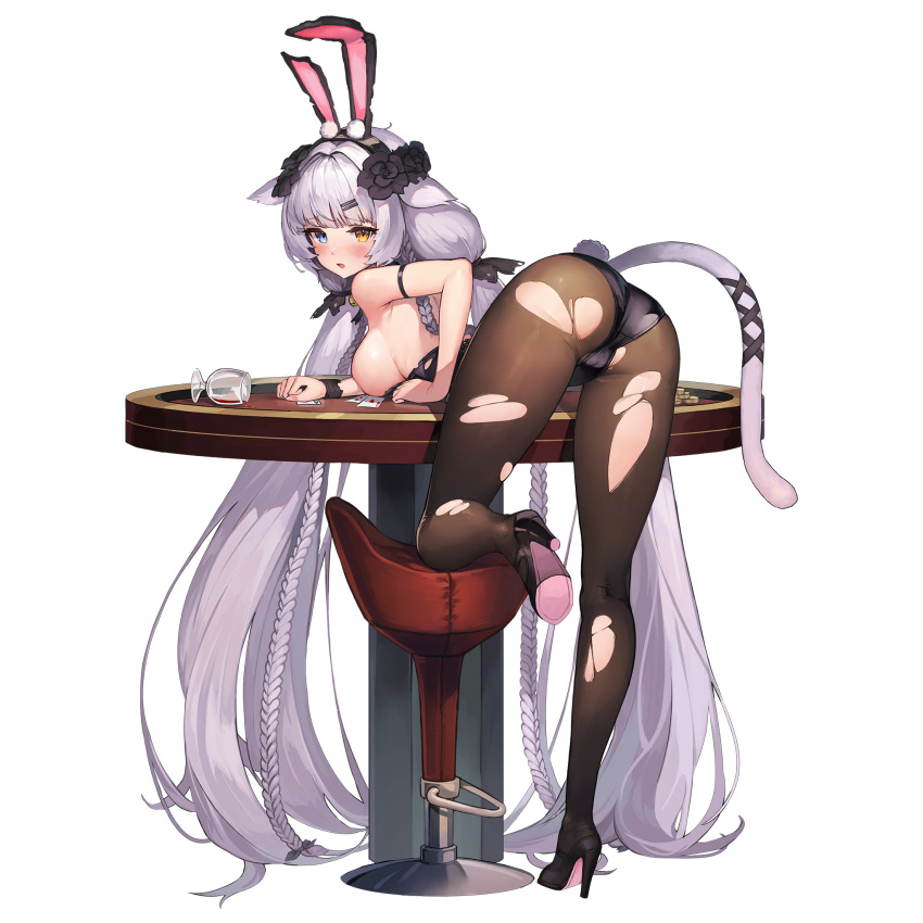 1girl absurdly_long_hair animal_costume animal_ears ass bangs black_legwear blue_eyes blush braid breasts bunny_costume cat_ears cat_girl cat_tail fake_animal_ears from_behind hair_ornament hairclip high_heels highres large_breasts last_origin leotard long_hair looking_at_viewer official_art paintale pantyhose perrault_(last_origin) playboy_bunny playboy_bunny_leotard silver_hair solo tachi-e tail torn_clothes torn_legwear transparent_background twin_braids very_long_hair yellow_eyes