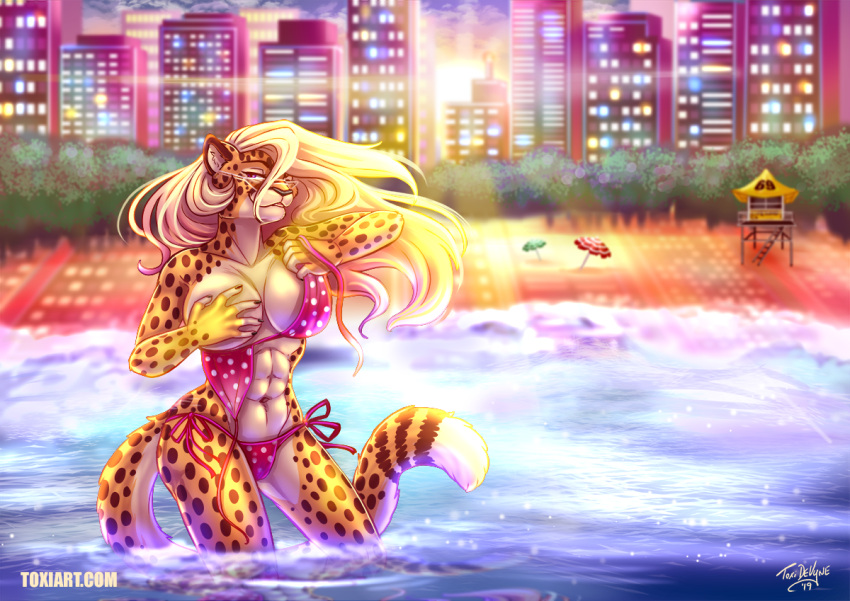 alexandra_(velocitycat) anthro beach bikini breasts cheetah clothing felid feline female hand_on_breast mammal seaside solo swimwear toxi_de_vyne_(artist)