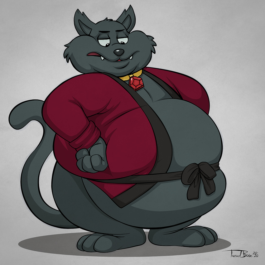 2020 anthro archie_comics belly belt big_belly black_body black_fur black_nose clothed clothing collar domestic_cat fangs felid feline felis fur gem grumpy hands_on_belly holding_belly ill_fitting_clothing jewelry looking_at_belly looking_down male mammal mostly_nude obese obese_anthro obese_male open_clothing open_mouth open_robe overweight overweight_anthro overweight_male raised_tail robe robe_only sabrina_the_teenage_witch salem_saberhagen solo teaselbone