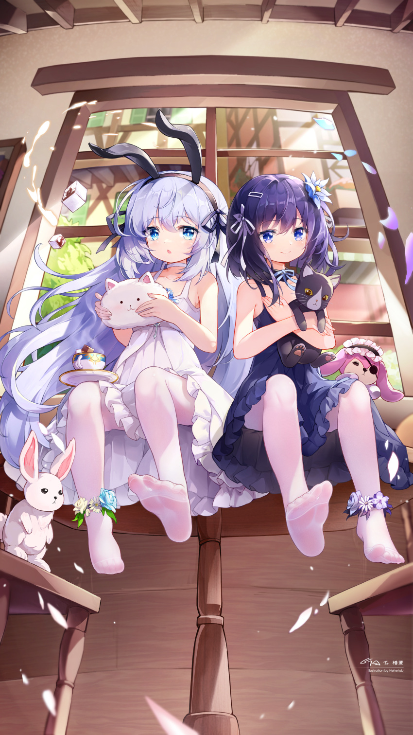 2girls absurdres animal animal_ears animal_hug bangs bare_arms black_cat black_hairband blue_eyes blue_flower bunny cat choker closed_mouth commentary_request dress eyebrows_visible_through_hair fake_animal_ears feet flower flower_anklet foot_focus frilled_dress frills from_below fuiba_fuyu full_body gochuumon_wa_usagi_desu_ka? hair_flower hair_ornament hair_ribbon hairband hairclip hehehzb highres holding holding_animal holding_cat indoors kafuu_chino long_hair looking_at_viewer multiple_girls no_shoes pantyhose parted_lips purple_dress purple_hair purple_ribbon rabbit_ears revision ribbon short_hair signature silver_hair sitting sleeveless sleeveless_dress smile soles toes very_long_hair white_choker white_dress white_legwear window