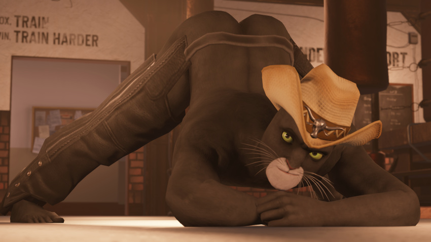 16:9 3d_(artwork) absurd_res anthro black_body black_fur blacksad blacksad:_under_the_skin blender_(software) bulletin_board butt chalkboard chaps clothed clothed/nude clothing cowboy_hat digital_media_(artwork) domestic_cat feet felid feline felis fighting_ring fingers fur green_eyes gym hat headgear headwear hi_res hopwiresfm_(artist) jack-o'_pose john_blacksad leather_chaps male mammal nude pose punching_bag seductive smile smirk solo toes video_games whiskers white_muzzle widescreen