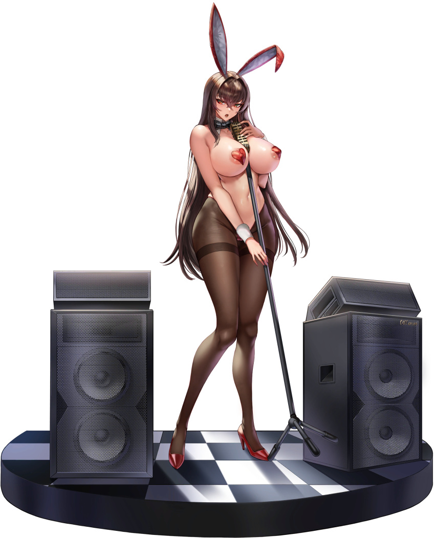 1girl areola_slip areolae bangs between_breasts blush breasts crossed_bangs full_body hair_between_eyes hair_intakes high_heels highres huge_breasts last_origin long_hair microphone microphone_stand mr.yun navel official_art open_mouth pasties playboy_bunny royal_arsenal solo speaker tachi-e transparent_background very_long_hair