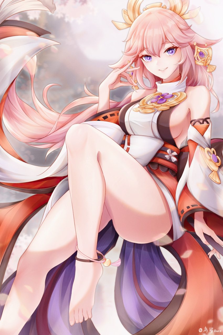 1girl animal_ears anklet arm_at_side artist_name backlighting bare_shoulders barefoot blurry blurry_background braid braided_ponytail breasts cherry_blossoms commentary_request cowboy_shot day detached_sleeves earrings fox_ears fox_shadow_puppet genshin_impact highres japanese_clothes jewelry large_breasts legs long_hair looking_at_viewer low-tied_long_hair miko outdoors parted_lips petals pink_hair priestess purple_eyes ribbon-trimmed_sleeves ribbon_trim sideboob signature smile solo sunlight thighs toes vision_(genshin_impact) white_background wide_sleeves wuke_euco yae_(genshin_impact)