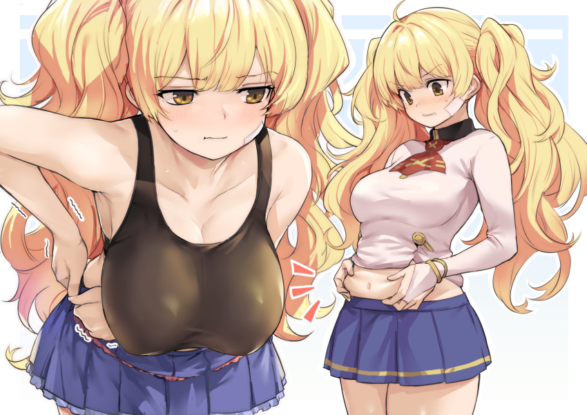 1girl ascot bandaid bandaid_on_face bangs bare_shoulders black_sports_bra blonde_hair blue_skirt blush breasts brown_eyes cleavage collarbone granblue_fantasy highres kztk large_breasts leaning_forward long_hair long_sleeves monika_weisswind multiple_views navel shirt skirt sports_bra thighs twintails wavy_hair white_shirt