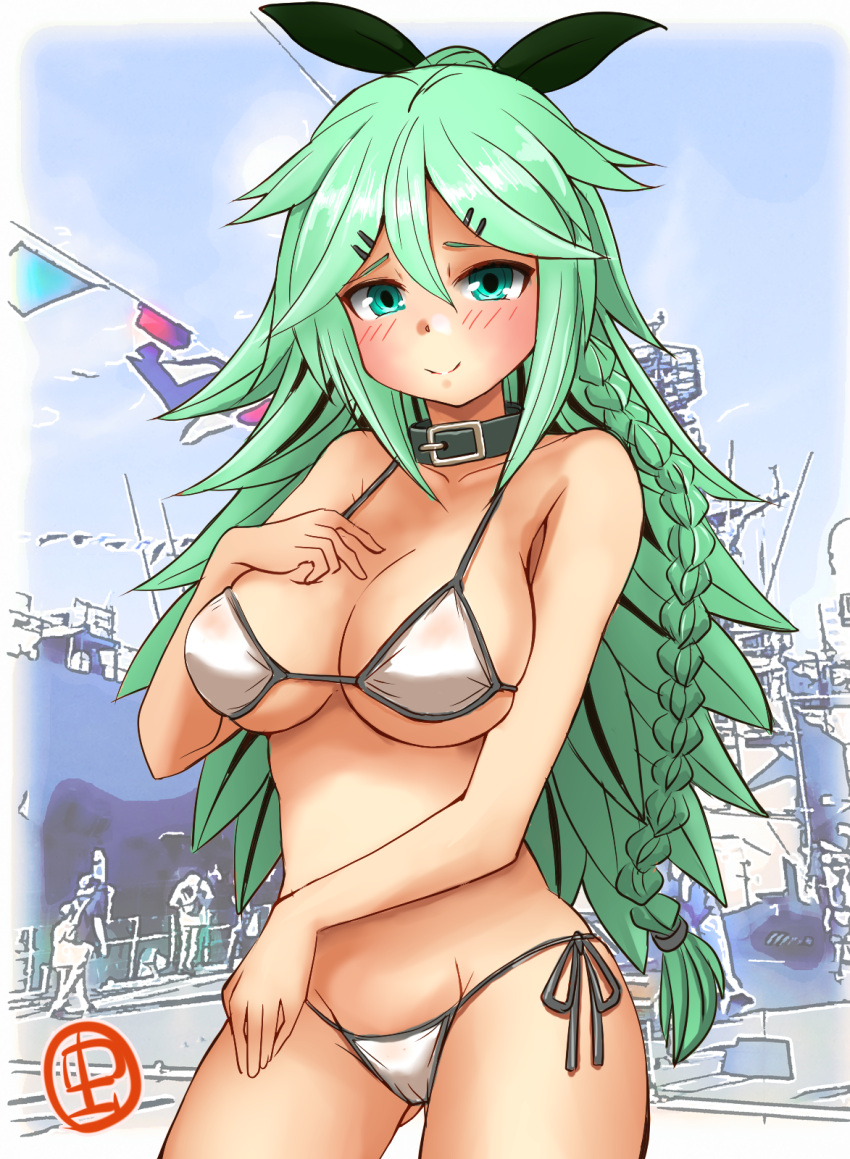 1girl bangs bikini black_ribbon braid breasts collar cowboy_shot green_eyes green_hair hair_between_eyes hair_ornament hair_ribbon hairclip highres kantai_collection long_braid long_hair medium_breasts mushi_mushi_ex navel one-hour_drawing_challenge parted_bangs ponytail revision ribbon side-tie_bikini side_braid sidelocks solo standing string_bikini swimsuit white_bikini yamakaze_(kancolle) yamakaze_kai_ni_(kancolle)