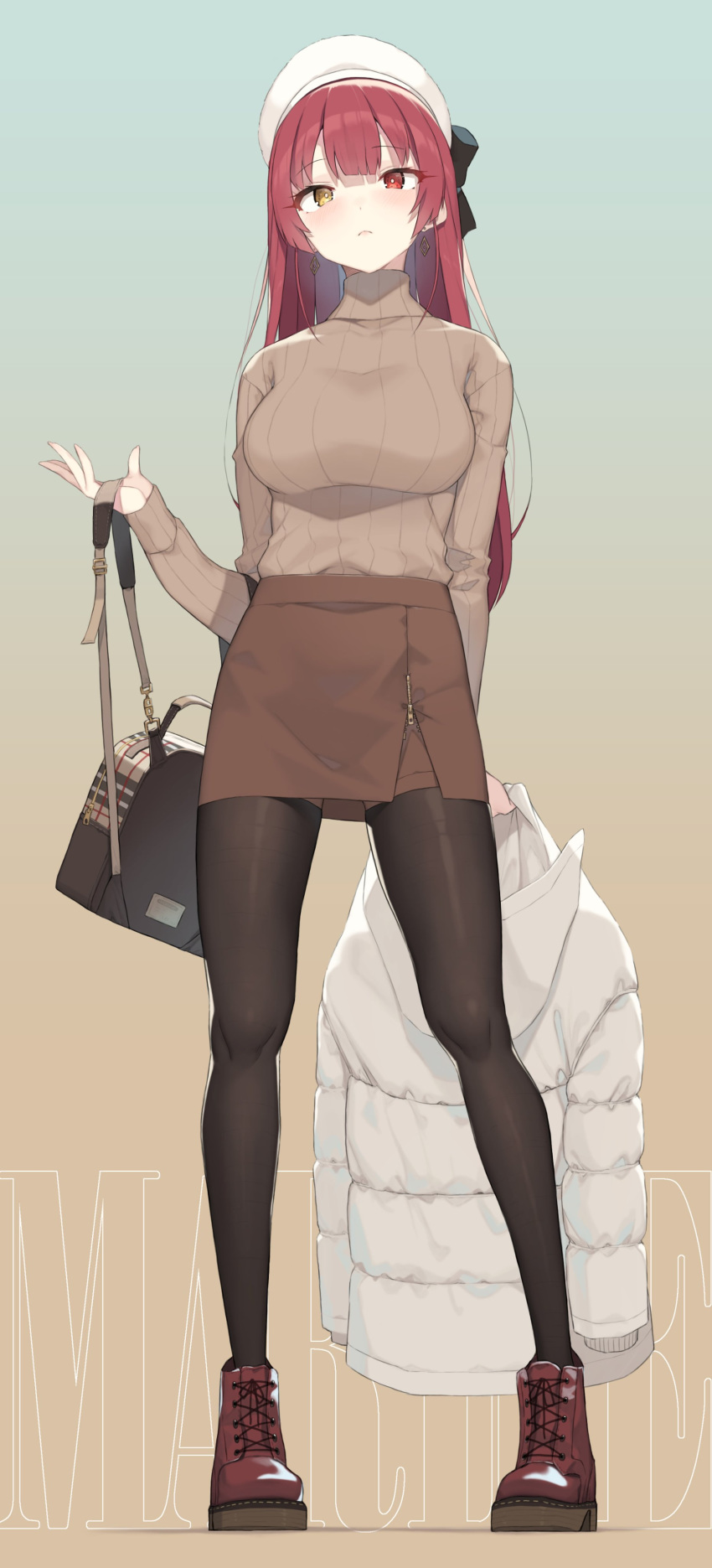 1girl absurdres alternate_costume arms_behind_back bag beige_sweater beret black_legwear bow breasts brown_skirt cloba closed_mouth earrings full_body hand_up handbag hat hat_bow heterochromia highres holding holding_bag holding_clothes holding_jacket hololive houshou_marine jacket jacket_removed jewelry large_breasts long_hair long_sleeves red_eyes red_hair shoes skirt solo straight_hair sweater thighhighs turtleneck turtleneck_sweater virtual_youtuber white_headwear white_jacket yellow_eyes