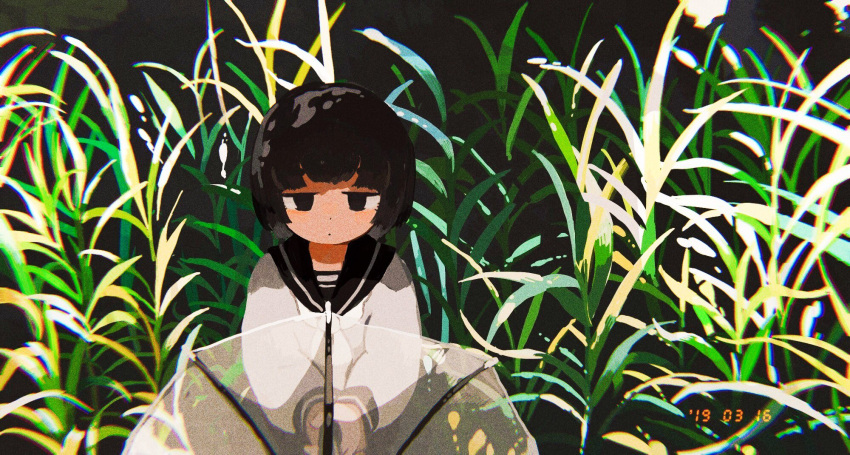 1girl bangs black_eyes black_hair black_sailor_collar bob_cut butudan_butugu chromatic_aberration dated day dot_mouth dot_nose film_grain grass highres holding holding_umbrella jitome long_sleeves looking_at_viewer neckerchief original outdoors own_hands_together plant sailor_collar segment_display shirt short_hair solo standing symbol-only_commentary transparent transparent_umbrella umbrella upper_body white_neckerchief white_shirt