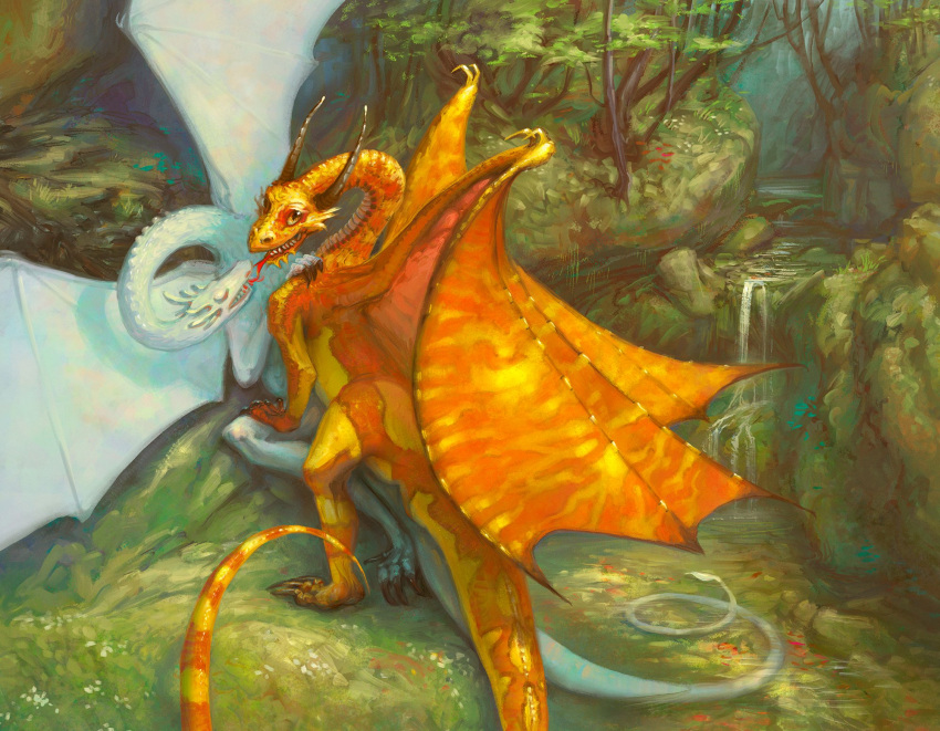 2_horns albino amazing_background ambiguous/ambiguous ambiguous_gender ambiguous_penetrated ambiguous_penetrating ambiguous_penetrating_ambiguous belly_scales big_tail black_claws brown_horn bruce_brenneise claws curved_horn day detailed_background digital_media_(artwork) digital_painting_(artwork) dragon duo eyes_closed feral feral_on_feral feral_penetrated feral_penetrating feral_penetrating_feral finger_claws forked_tongue grass hand_on_leg hand_on_shoulder hand_on_thigh hi_res high-angle_view horn imminent_kiss light lighting long_horn long_neck long_tail looking_at_viewer looking_up looking_up_at_viewer lying markings membrane_(anatomy) membranous_wings monotone_body monotone_scales multicolored_body multicolored_scales on_back open_mouth orange_body orange_scales outside penetration plant pond pupils quadruped scales scalie sex shaded shadow slit_pupils soft_shading spread_wings striped_body striped_markings striped_scales striped_tail striped_wings stripes tail_markings tail_tuft teeth thick_tail toe_claws tongue tongue_out tree tuft two_tone_body two_tone_scales water waterfall western_dragon white_body white_scales wing_claws wings yellow_body yellow_eyes yellow_scales