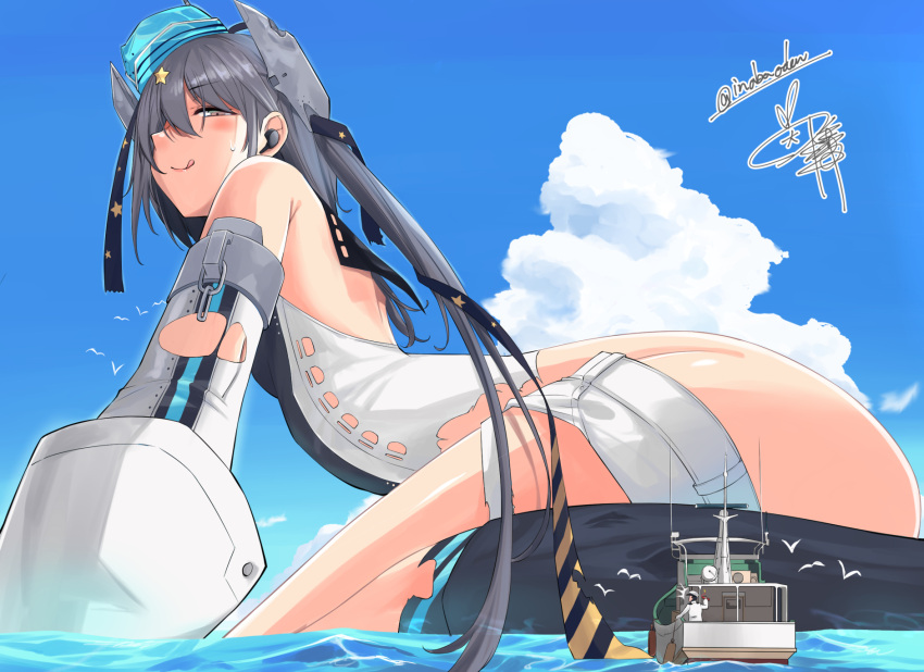 1boy 1girl admiral_(kancolle) ass black_hair blush boat brown_eyes day elbow_gloves foreshortening garrison_cap giant giantess gloves grey_hair grey_swimsuit hair_over_one_eye hat highres inaba_oden kantai_collection long_hair looking_at_another military military_uniform naval_uniform one_side_up sailor_collar scamp_(kancolle) size_difference smile swimsuit thighs tongue tongue_out torn_clothes uniform watercraft