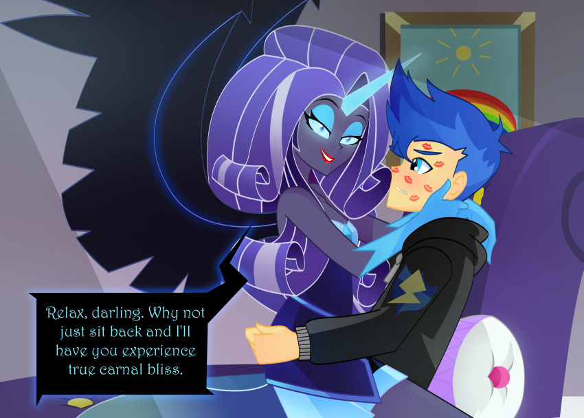 absurd_res blue_eyes blue_eyeshadow blue_sclera clothing dialogue duo english_text equestria_girls eyeshadow female flash_sentry_(eg) hi_res horn horned_humanoid human humanoid idw_publishing kiss_mark lipstick makeup male male/female mammal my_little_pony my_little_pony_(idw) nightmare_rarity_(idw) on_lap sitting text winged_humanoid wings xan-gelx