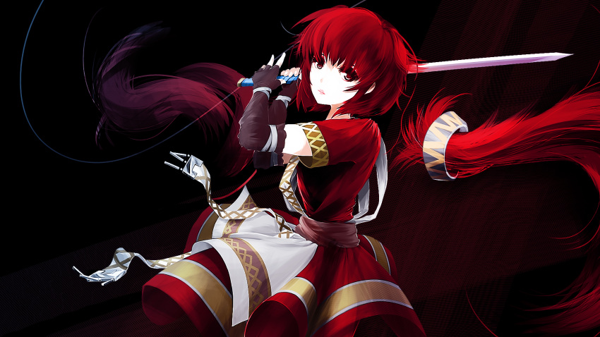 1girl arcturus bangs brown_gloves brown_sash closed_mouth commentary cowboy_shot dress elbow_gloves expressionless fingerless_gloves gloves highres holding holding_sword holding_weapon kyeotvee looking_at_viewer maria_kates red_dress red_eyes red_hair severed_hair short_hair short_sleeves solo sword twintails weapon