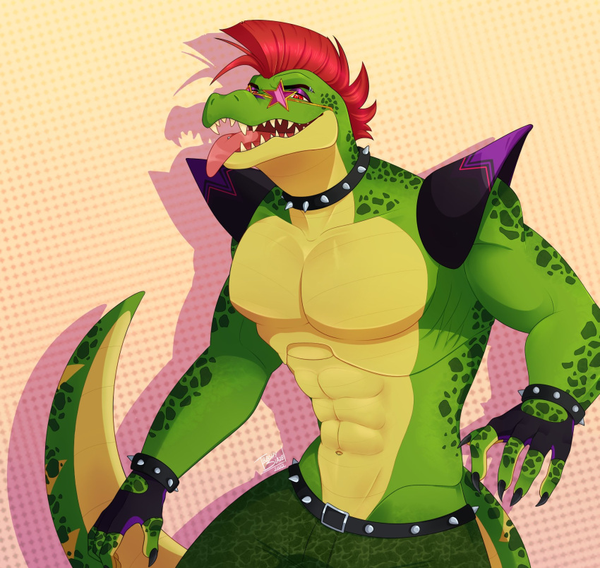 2022 abs abstract_background alligator alligatorid animatronic anthro barazoku belt biceps big_pecs blazexdx bottomwear bracelet claws clothed clothing crocodilian detailed eyebrow_piercing eyewear facial_piercing fans five_nights_at_freddy's five_nights_at_freddy's:_security_breach glasses gloves green_body green_nose green_skin green_tail hair half-closed_eyes handwear hi_res jewelry looking_at_viewer machine male manly mohawk montgomery_gator_(fnaf) multicolored_body multicolored_skin multicolored_tail narrowed_eyes navel open_mouth orange_background orange_eyes pants pecs piercing portrait pupils red_eyes red_hair reptile robot scales scalie scottgames shadow sharp_claws sharp_teeth short_hair simple_background slit_pupils smile solo spiked_belt spiked_bracelet spikes standing star star_glasses teeth tongue tongue_out topless topless_anthro topless_male triceps video_games white_background yellow_body yellow_skin yellow_tail