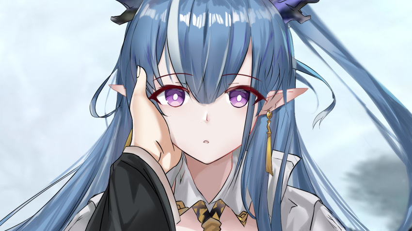 1boy 1girl arknights bangs blue_hair commentary_request earrings eyebrows_visible_through_hair hair_between_eyes hand_on_another's_face horns jewelry ling_(arknights) long_hair long_sleeves long_wuxian looking_at_viewer multicolored_hair out_of_frame parted_lips pointy_ears ponytail portrait purple_eyes shirt solo_focus streaked_hair white_hair white_shirt wide_sleeves