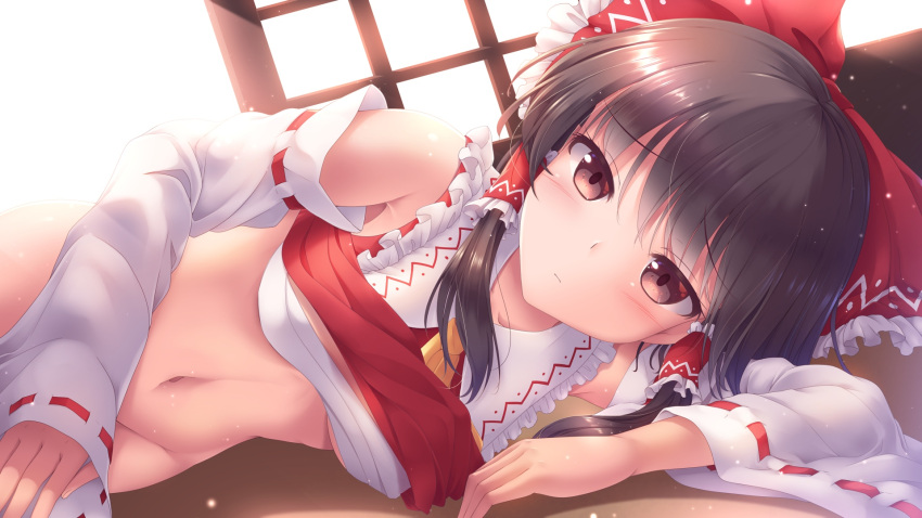 1girl ascot bare_shoulders black_hair bottomless bow brown_eyes chest_sarashi clothes_lift commentary_request detached_sleeves eyebrows_visible_through_hair frilled_bow frilled_shirt_collar frills groin hair_bow hair_tubes hakurei_reimu highres japanese_clothes large_bow looking_at_viewer lying lzh navel nontraditional_miko on_side red_bow ribbon-trimmed_sleeves ribbon_trim sarashi solo touhou wide_sleeves yellow_ascot