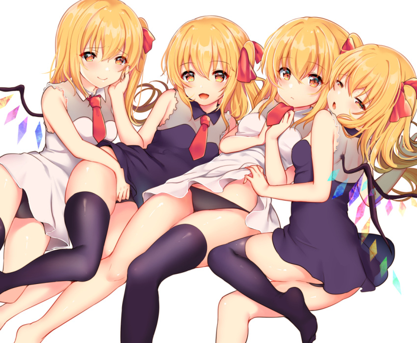 4girls ;o alternate_costume alternate_eye_color bangs barefoot black_legwear black_panties blonde_hair blush bow breasts closed_mouth collarbone commentary_request crystal dress eyebrows_visible_through_hair eyelashes flandre_scarlet four_of_a_kind_(touhou) furrowed_brow hair_ribbon hand_on_another's_face looking_at_viewer multiple_girls necktie one_eye_closed open_mouth panties rainbow_order red_bow red_eyes red_necktie red_ribbon ribbon rimu_(kingyo_origin) shiny shiny_hair short_necktie sidelocks simple_background sitting sleeveless sleeveless_dress small_breasts thighhighs thighs touhou underwear white_background wings yellow_eyes