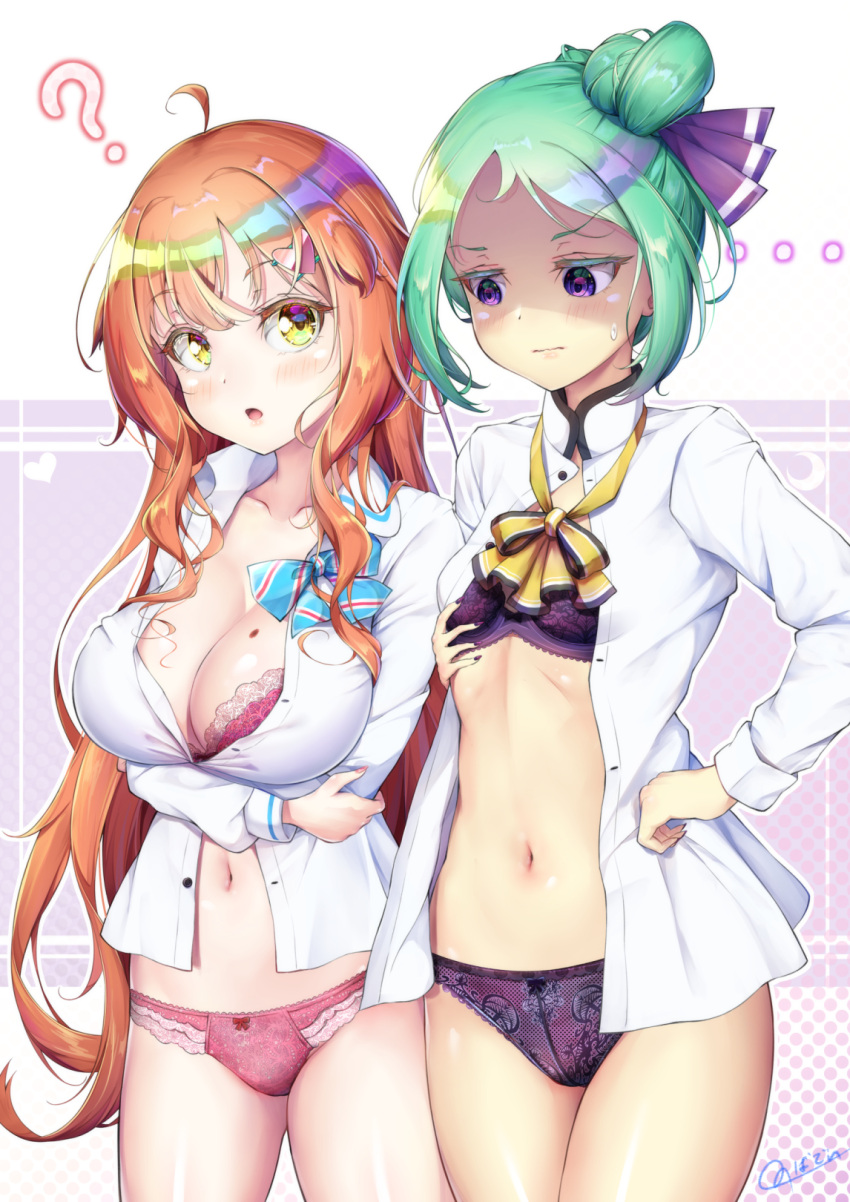 2girls ? ahoge arms_under_breasts bangs bare_legs bra breast_envy breasts cleavage closed_mouth collarbone commentary_request cowboy_shot crossed_arms eyebrows_visible_through_hair green_hair hair_bun hair_ribbon hand_on_hip highres large_breasts long_hair looking_at_another looking_at_viewer mole mole_on_breast multiple_girls natsusora_aona navel novady open_clothes open_mouth open_shirt orange_hair original panties pink_bra pink_panties purple_bra purple_eyes purple_panties ribbon school_uniform shirt short_hair sidelocks small_breasts standing stomach underwear white_shirt yellow_eyes