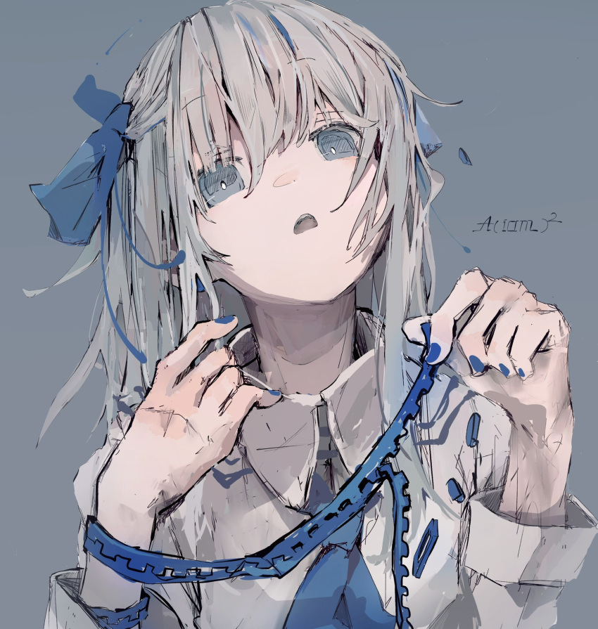 1girl aiamu_iamu bangs blue_background blue_bow blue_eyes blue_nails bow bright_pupils collared_shirt commentary_request eyebrows_visible_through_hair grey_hair hair_between_eyes hair_bow hands_up head_tilt highres ink looking_at_viewer multicolored_hair open_mouth original partial_commentary shirt sidelocks signature skirt solo streaked_hair upper_body white_pupils white_skirt