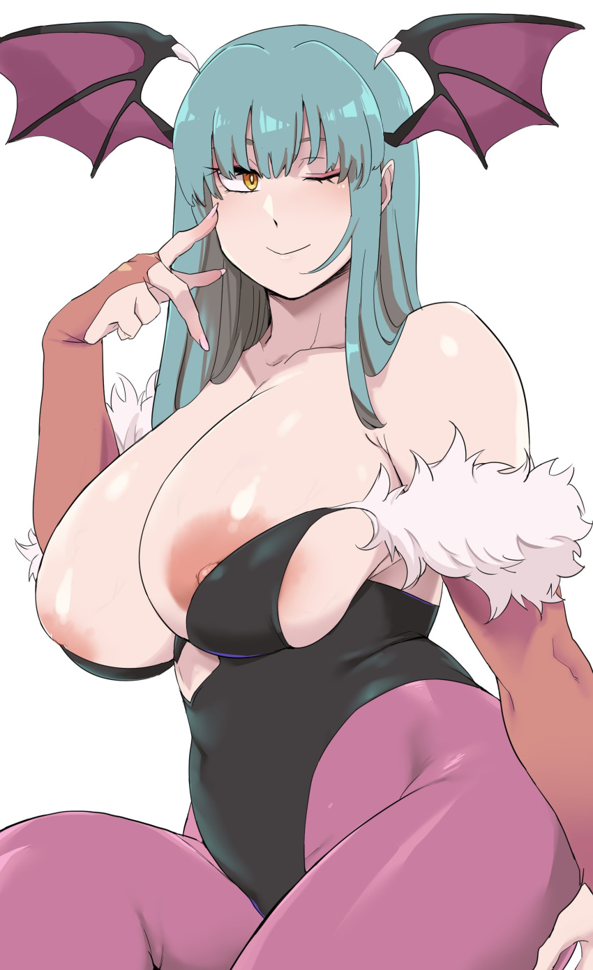 absurd_res areola bat_wings big_areola big_breasts blue_hair blush breasts capcom clothed clothing darkstalkers demon demon_humanoid eyeliner female hair hi_res humanoid makeup membrane_(anatomy) membranous_wings minakamin90 morrigan morrigan_aensland nipples not_furry one_eye_closed simple_background smile solo succubus thick_thighs unitard video_games wardrobe_malfunction white_background wings wink yellow_eyes