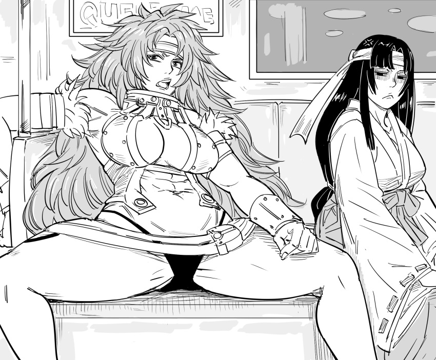 2girls :&lt; abs bb_(baalbuddy) big_hair breasts closed_mouth commentary english_commentary greyscale hakama hakama_skirt headband highres japanese_clothes large_breasts looking_at_viewer manspreading monochrome multiple_girls navel open_mouth panties pantyshot queen's_blade risty sitting skirt subway tomoe_(queen's_blade_unlimited) underwear