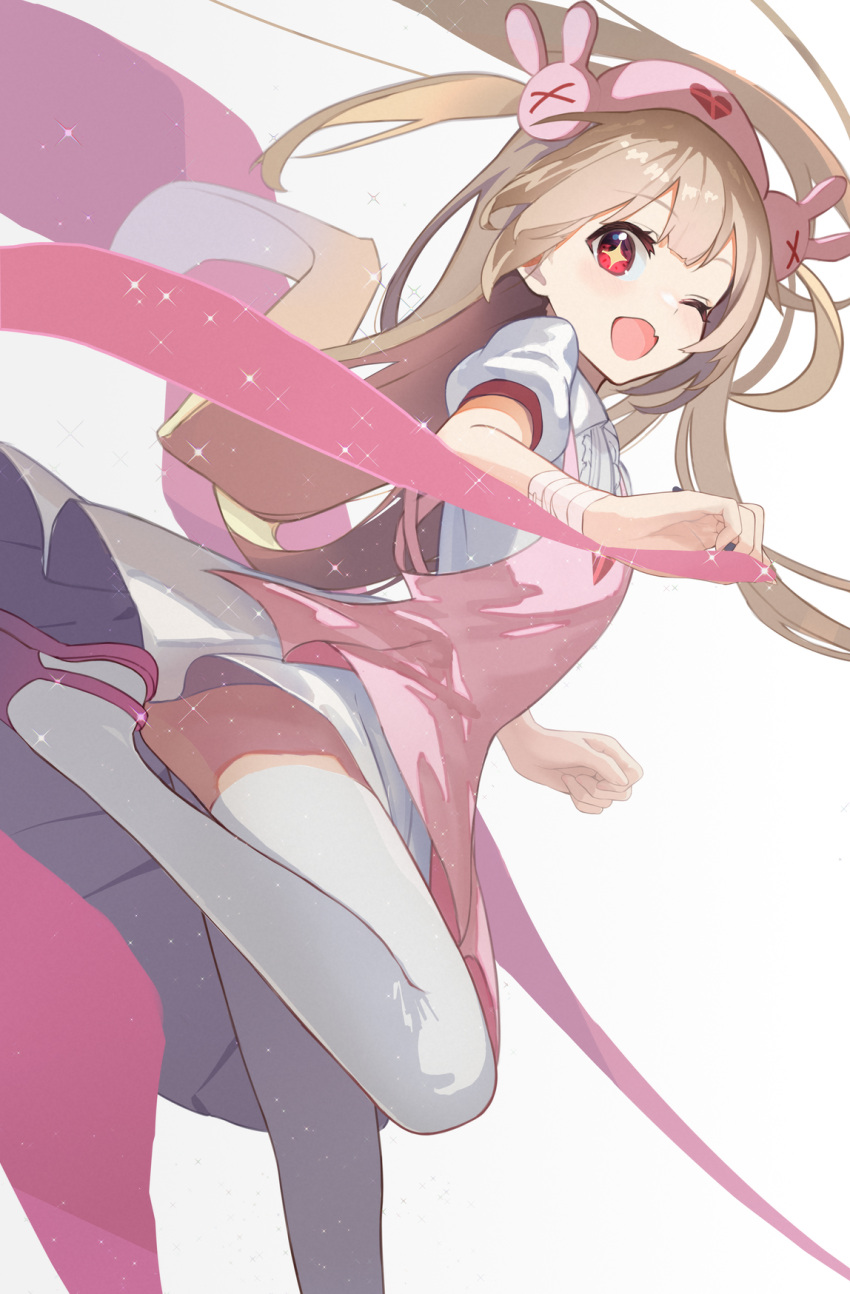 +_+ 1girl ;d apron bangs brown_hair bunny_hair_ornament collared_shirt commentary eyebrows_visible_through_hair fang from_side gradient gradient_background grey_background hair_ornament hat highres long_hair looking_at_viewer looking_to_the_side natori_sana nurse_cap one_eye_closed pink_apron pink_footwear pink_headwear pleated_skirt puffy_short_sleeves puffy_sleeves red_eyes sana_channel shirt shoes short_sleeves shuuha_arutsu skirt smile solo standing standing_on_one_leg symbol-only_commentary thighhighs two_side_up very_long_hair virtual_youtuber white_background white_legwear white_shirt white_skirt