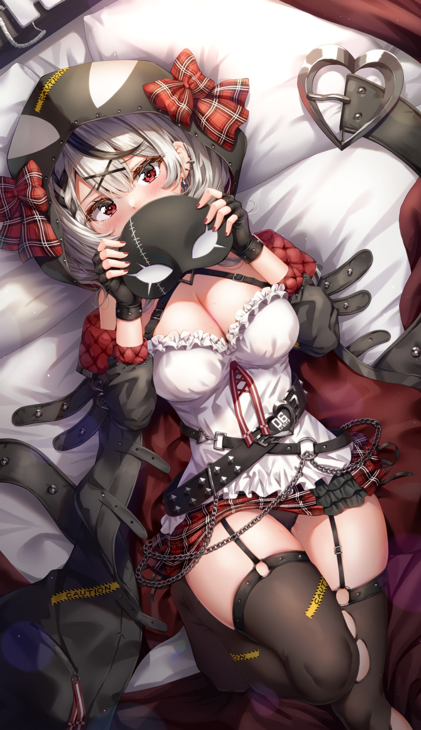 1girl absurdres bed bed_sheet belt black_belt black_gloves black_jacket black_legwear black_panties blush bow breasts buckle camisole chain cleavage covered_mouth earrings eye_mask fingerless_gloves from_above garter_straps gloves hands_up heart heart-shaped_buckle highres holding holding_mask hololive jacket jewelry knee_up kuria_(clear_trip_second) large_breasts looking_at_viewer lying mask miniskirt multiple_belts multiple_earrings nail_polish off_shoulder on_back on_bed orca_hood panties pantyshot plaid plaid_bow plaid_skirt pussy_juice red_eyes red_nails red_skirt sakamata_chloe skirt solo thighhighs torn_clothes torn_legwear underwear virtual_youtuber white_camisole