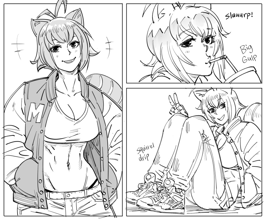 +++ 1girl animal_ears antenna_hair bb_(baalbuddy) blazblue breasts cleavage commentary cup disposable_cup drinking drinking_straw english_commentary greyscale highres jacket looking_at_viewer makoto_nanaya monochrome multiple_views open_clothes open_jacket pants shoes smile sneakers solo squirrel_ears squirrel_tail tail