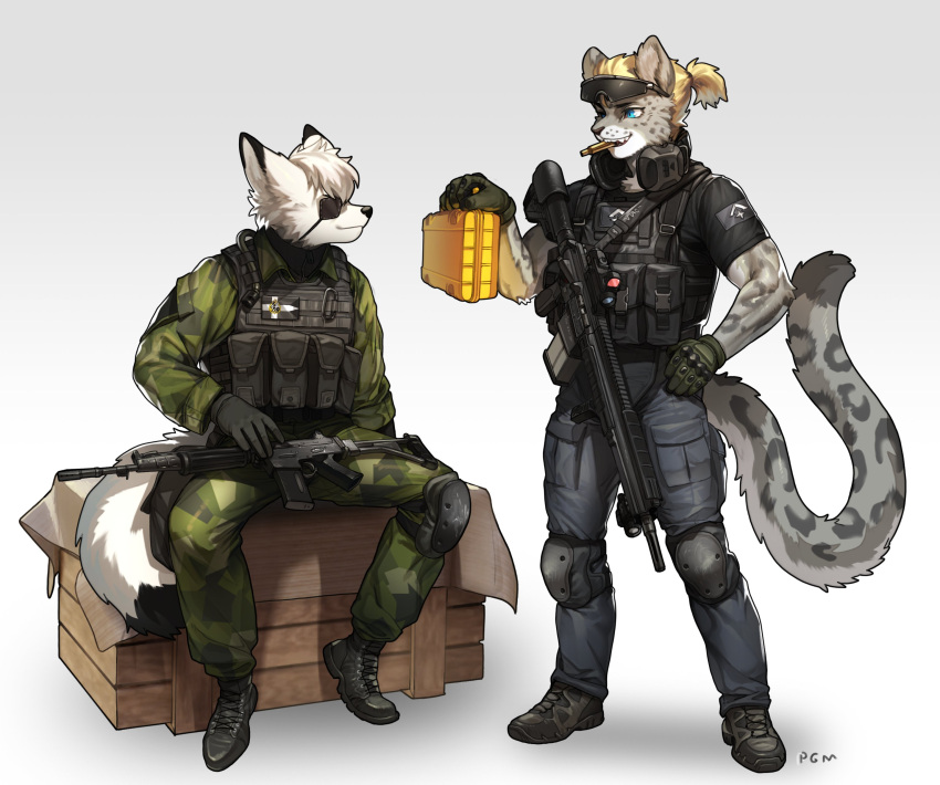 2022 absurd_res anthro assault_rifle blonde_hair blue_eyes boots bulletproof_vest canid canine clothing crate dipstick_ears dipstick_tail duo eye_patch eyebrows eyelashes eyewear felid footwear gloves gun hair hand_on_hip handwear hi_res inner_ear_fluff knee_pads male mammal markings mouth_hold multicolored_ears pantherine pgm300 ranged_weapon rifle scope sharp_teeth shell_casing sitting snow_leopard tail_markings teeth tuft visor weapon