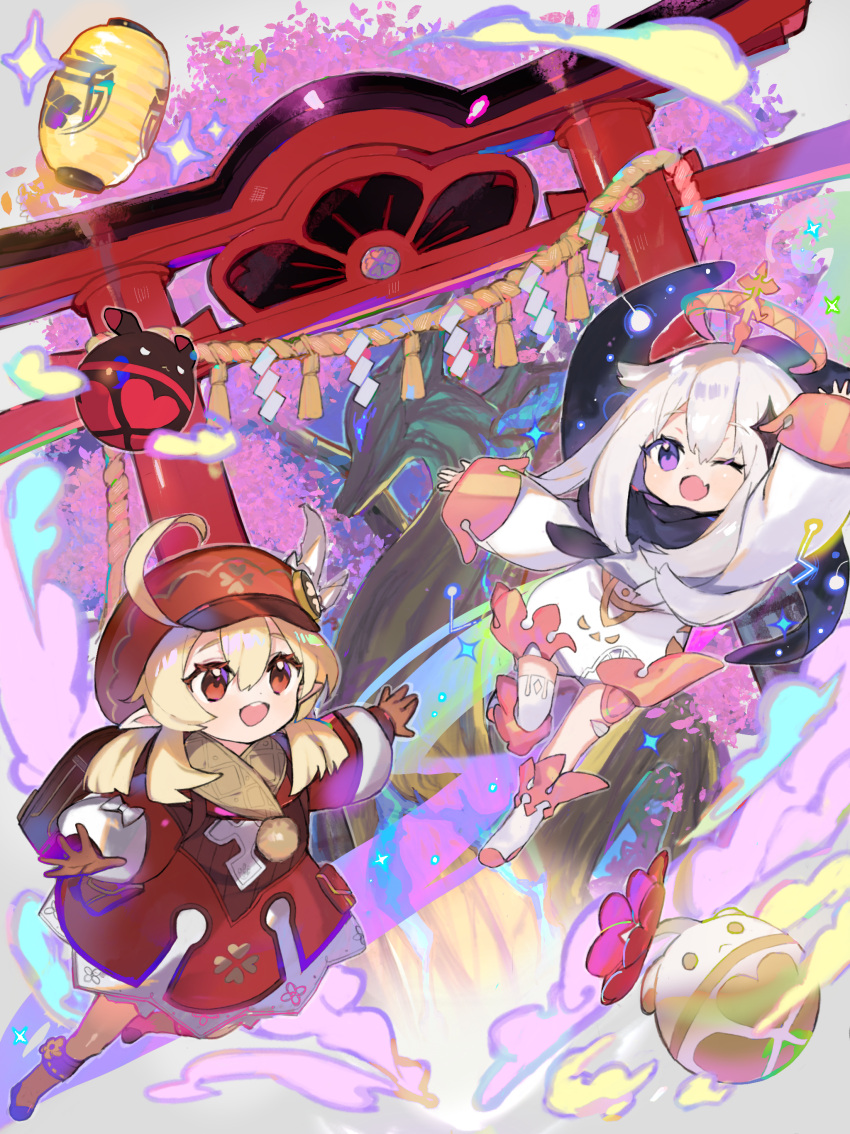 2girls :d absurdres ahoge atsumi_jun big_hair blonde_hair boots brown_gloves cabbie_hat child coat fang genshin_impact gloves hat highres klee_(genshin_impact) lantern long_sleeves multiple_girls one_eye_closed open_mouth outstretched_arms paimon_(genshin_impact) paper_lantern purple_eyes red_coat red_eyes red_headwear skin_fang smile spread_arms tassel torii white_footwear white_hair