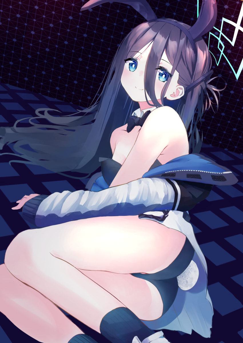 1girl animal_ears arisu_(blue_archive) bangs bare_shoulders black_bow black_bowtie black_hair black_hairband black_legwear black_leotard blue_archive blue_eyes bow bowtie closed_mouth collar collarbone commentary_request detached_collar eyebrows_visible_through_hair fake_animal_ears feet_out_of_frame hair_between_eyes hairband halo highres jacket leotard long_hair long_sleeves looking_at_viewer lying odeclea off_shoulder on_side open_clothes open_jacket playboy_bunny rabbit_ears rabbit_tail ringed_eyes sleeves_past_wrists smile socks solo tail very_long_hair white_collar white_jacket wing_collar