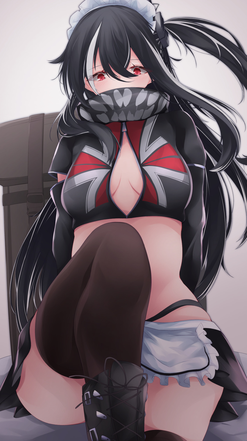 1girl absurdres apron azur_lane backpack bag black_footwear black_hair black_jacket black_skirt breasts brown_legwear center_opening covered_mouth highres jacket long_hair maid_headdress medium_breasts microskirt multicolored_hair official_alternate_costume osatou_(soul_of_sugar) red_eyes scarf scarf_over_mouth sitting skirt solo thighhighs two-tone_hair u-47_(azur_lane) u-47_(urban_maid)_(azur_lane) unzipped white_apron white_hair zipper