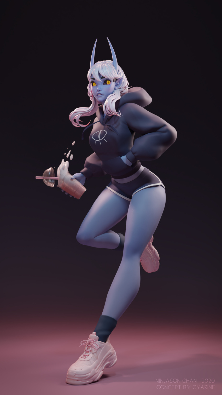 1girl 3d absurdres artist_name bare_legs black_background black_hoodie black_sclera black_shorts blender_(medium) blue_horns blue_skin colored_sclera colored_skin cup demon demon_gf_(cyarin) demon_girl drinking_straw eye_symbol foam full_body hand_in_pocket highres holding holding_cup hood hoodie horns looking_at_viewer ninjason_chan original pointy_ears pose puffy_sleeves shoes shorts simple_background slit_pupils sneakers socks solo spilling standing standing_on_one_leg teeth white_footwear white_hair white_trim yellow_eyes