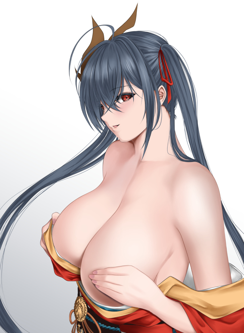 1girl azur_lane black_hair breasts cleavage covering_nipples gradient gradient_background grey_background hair_ornament highres huge_breasts japanese_clothes kimono long_hair off-shoulder_kimono proto_messiah red_eyes red_kimono red_ribbon ribbon simple_background solo taihou_(azur_lane) upper_body very_long_hair wide_sleeves